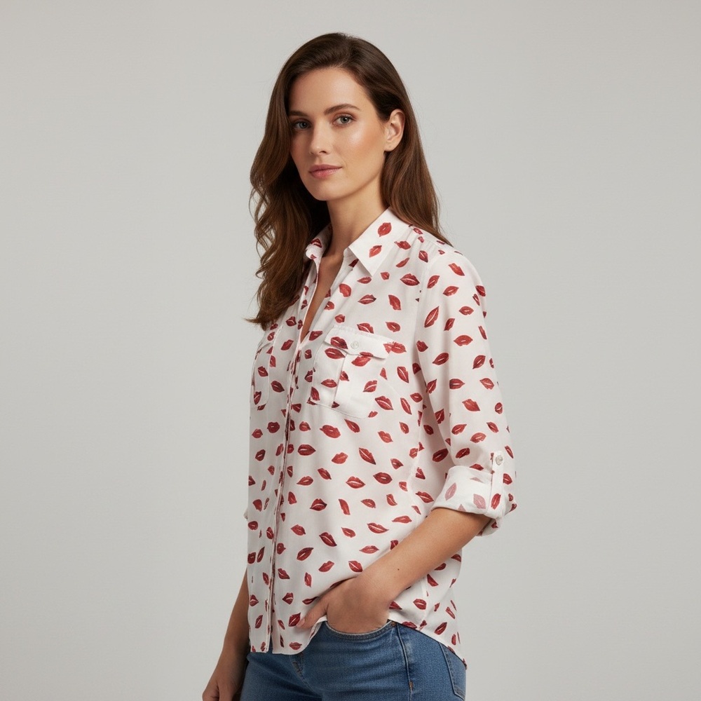 Joie Booker Kiss Lip Print White Red Button Down Roll-Tab Sleeve Blouse S